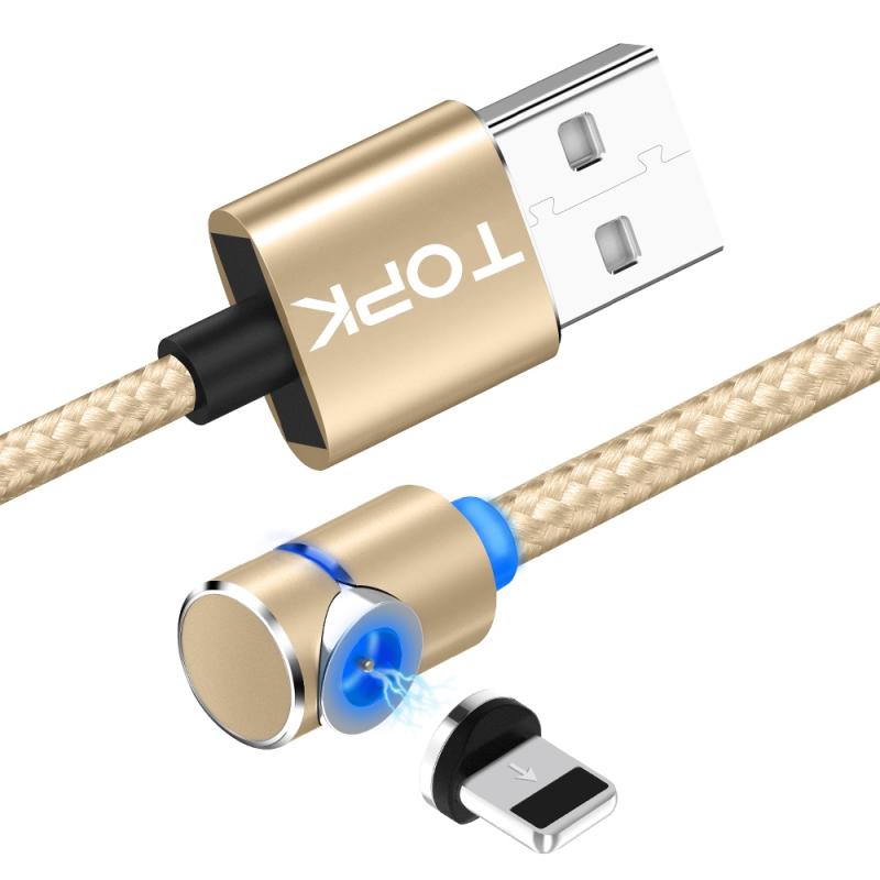 Charging Cable & Head | TOPK AM30 2m 2.4A Max USB to 8 Pin 90 Degree Elbow Magnetic Charging Cable with LED Indicator (Gold) – 2m 8 Pin Charging Cable & Head Charging Cable & Head