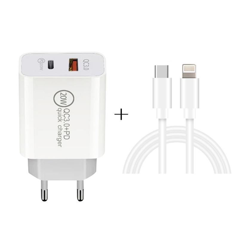 USB Charger | 20W PD Type-C + QC 3.0 USB Interface Fast Charging Travel Charger with USB-C / Type-C to 8 Pin Fast Charge Data Cable Mobile Phone + Accessories USB Charger